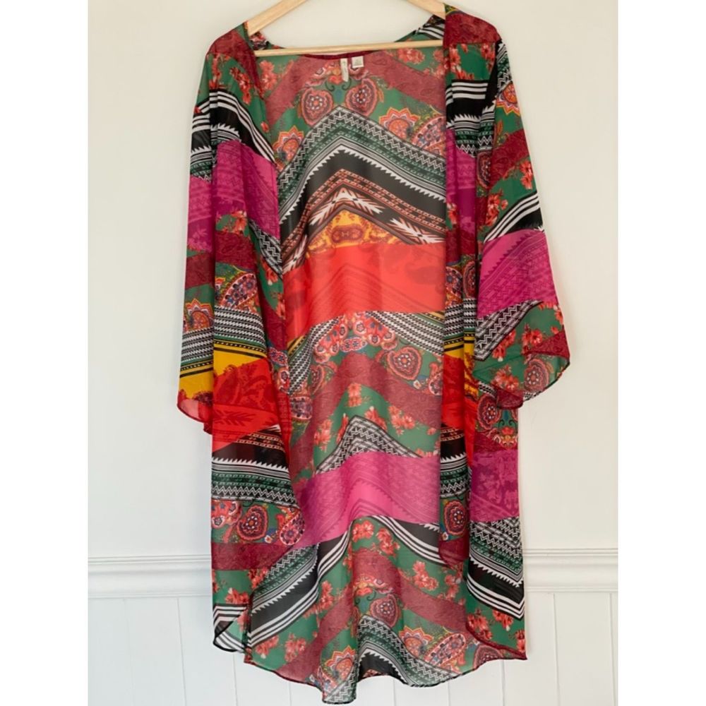 EST 1946 Long Open Front Colorful Kimono Size Large Boho Whimsical B85 - Picture 15 of 15
